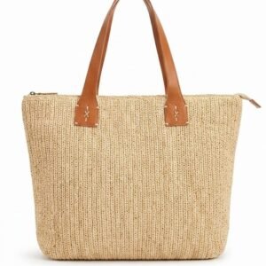 Handwoven Natural Raffia Tote Bag with Leather Handles