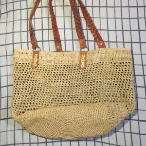 Handwoven Natural Raffia Tote Bag with Leather Handles