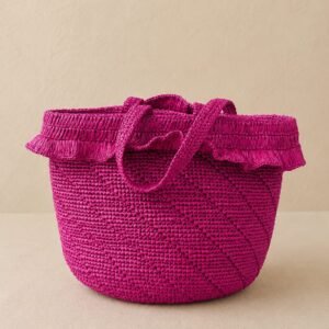 Fuchsia Raffia Bucket Bag | Ruffle Trim & Woven Handles