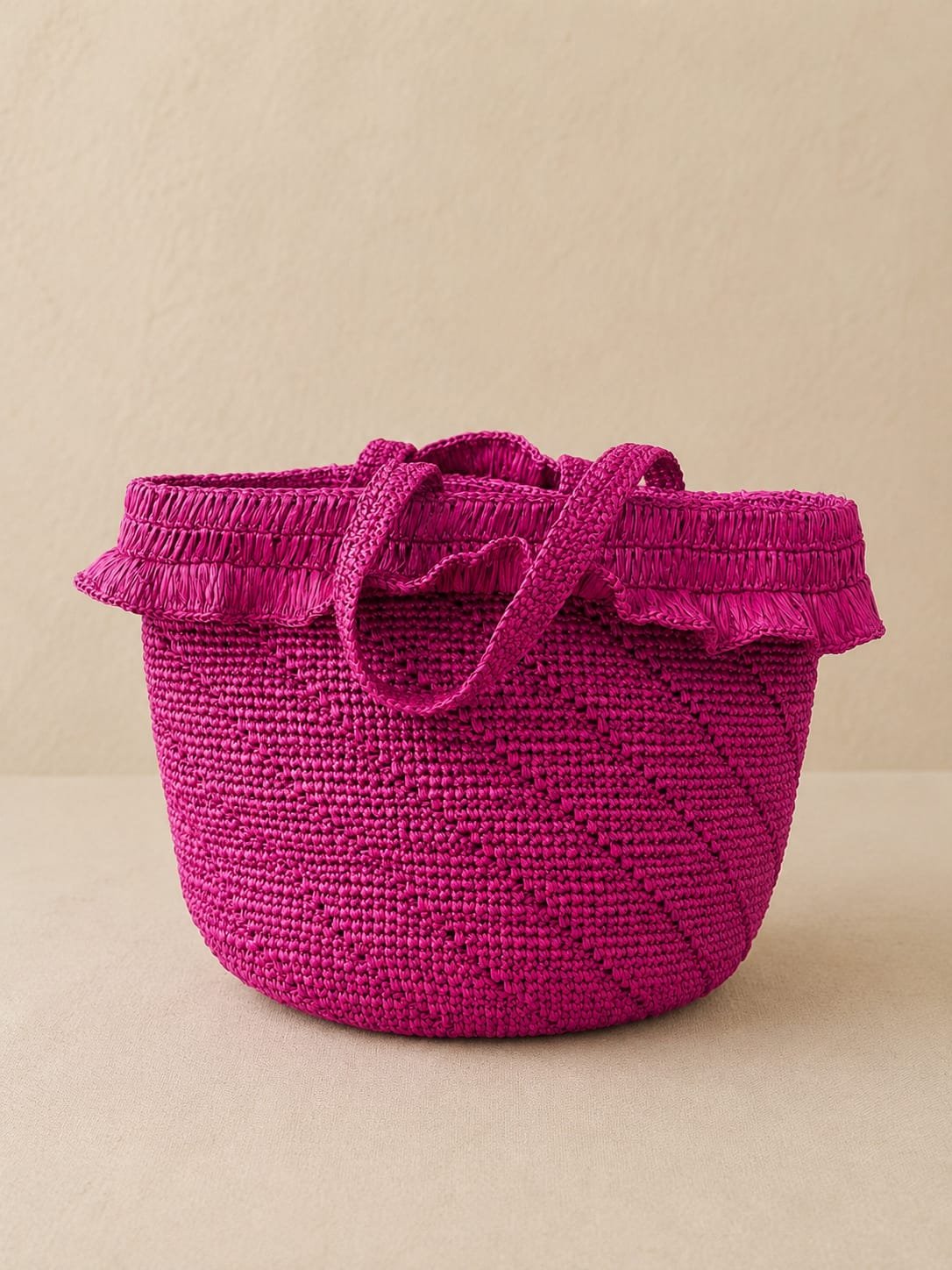 Fuchsia Raffia Bucket Bag | Ruffle Trim & Woven Handles