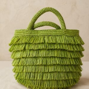 Lime Green Raffia Fringe Bucket Bag | Tiered Fringe Detail