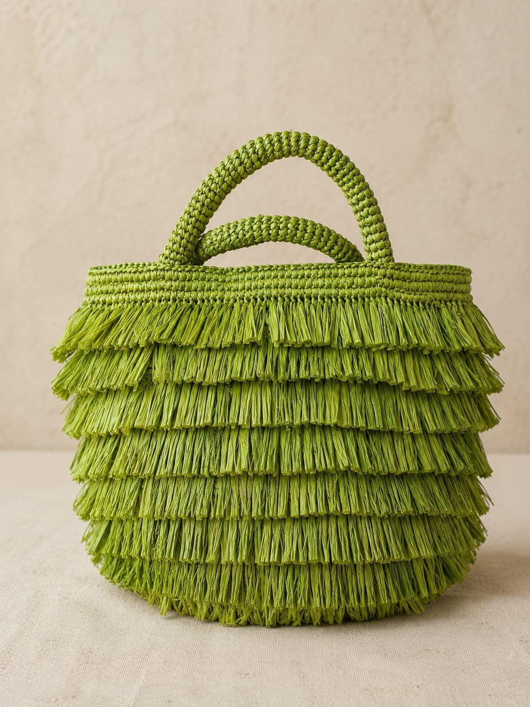 Lime Green Raffia Fringe Bucket Bag | Tiered Fringe Detail