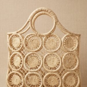 Natural Raffia Circle Pattern Tote | Round Woven Handles