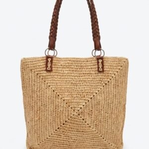 Natural Crochet Raffia Mandala Tote — Braided Leather Handles