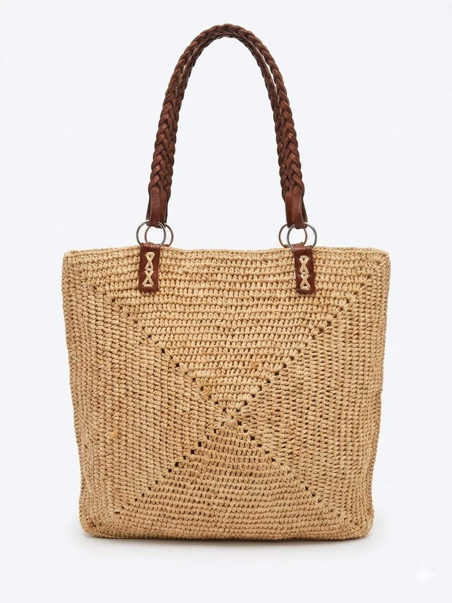Natural Crochet Raffia Mandala Tote — Braided Leather Handles