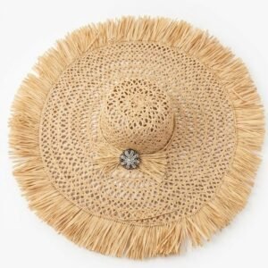 Natural Raffia Fringe Wide Brim Hat — Jewel Brooch Detail