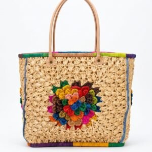 Natural Raffia Tote Bag — Multicolor Flower & Colored Edges