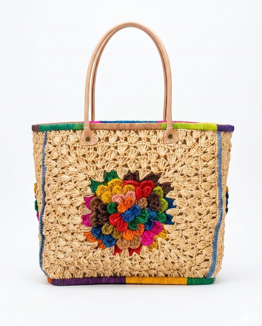 Natural Raffia Tote Bag — Multicolor Flower & Colored Edges