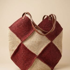 Raffia Patchwork Tote Bag — Burgundy & Natural Diamond Squares