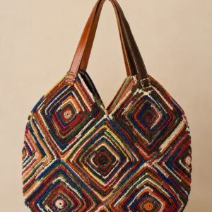 Multicolor Raffia Round Tote Bag | Patchwork Diamond Pattern