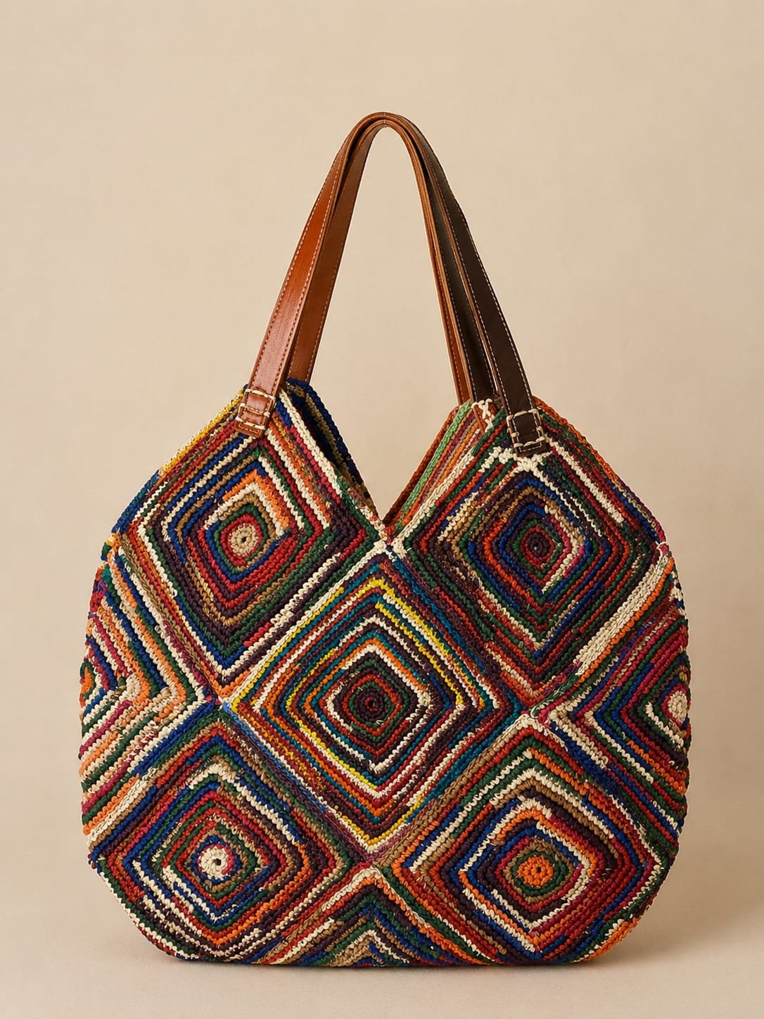 Multicolor Raffia Round Tote Bag | Patchwork Diamond Pattern