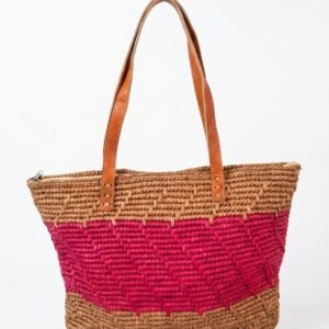 Natural & Pink Chevron Raffia Zip Tote — Leather Handles