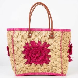 Natural Raffia Tote Bag — Pink Rose & Tassel Detail