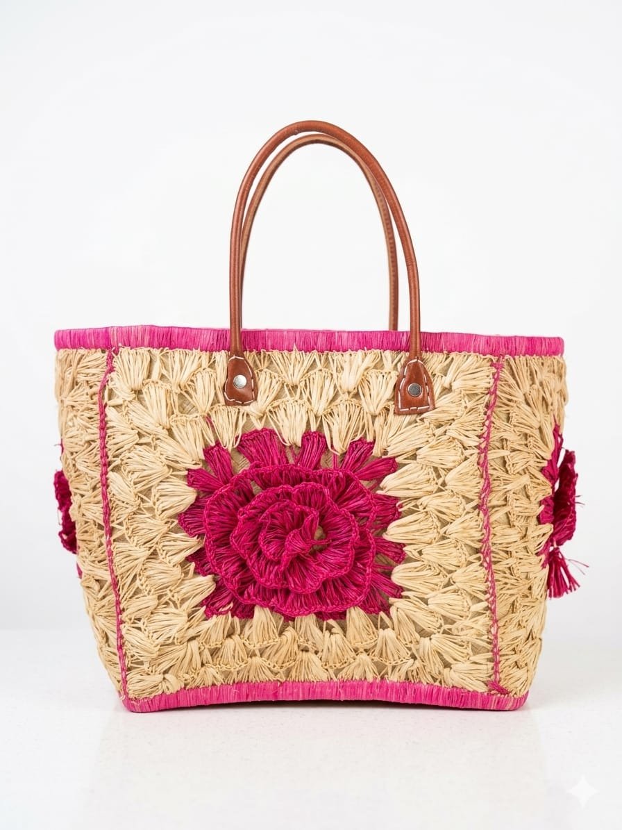 Natural Raffia Tote Bag — Pink Rose & Tassel Detail