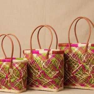 Multicolor Raffia Tote Bag Set | 3 Sizes, Fuchsia & Green, Leather Handles