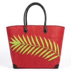 Red Raffia Market Tote — Palm Leaf Appliqué & Black Handles