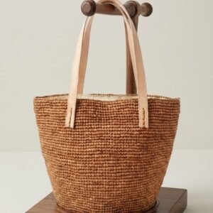 Structured Brown Raffia Bucket Tote — Leather Handles
