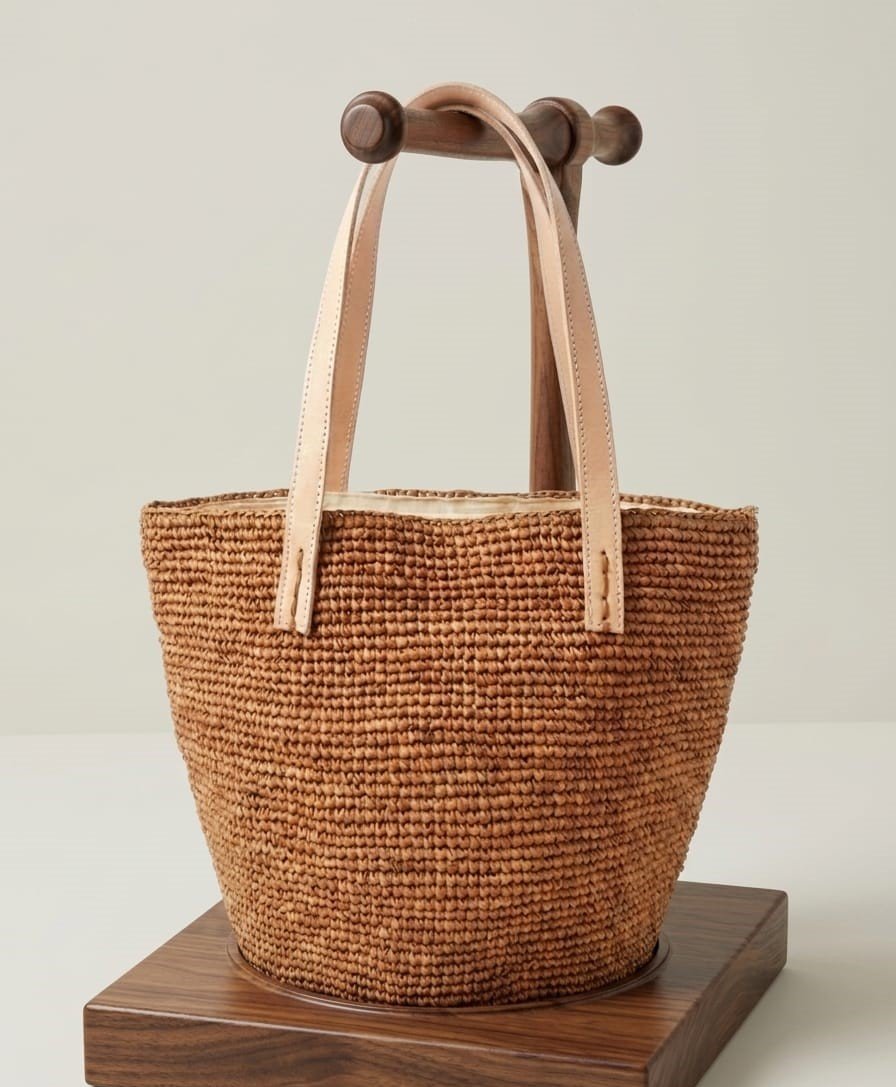 Structured Brown Raffia Bucket Tote — Leather Handles